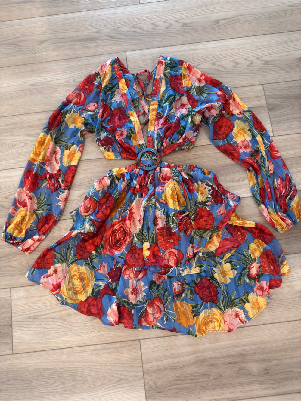 Luxxel Blue Floral Ring-Front Crop Top with Red & Yellow Blooms